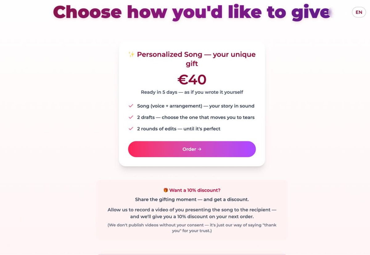 Pricing section — personalized song