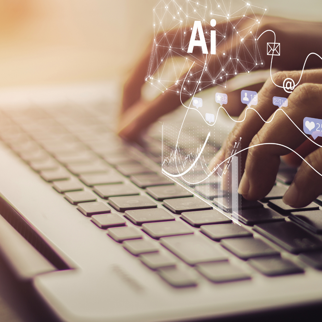 AI and modern technology - hands typing on laptop with digital AI graphics