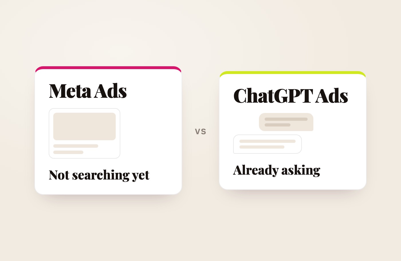 Diagram: Meta Ads reaches people not searching yet; ChatGPT Ads meets people already asking
