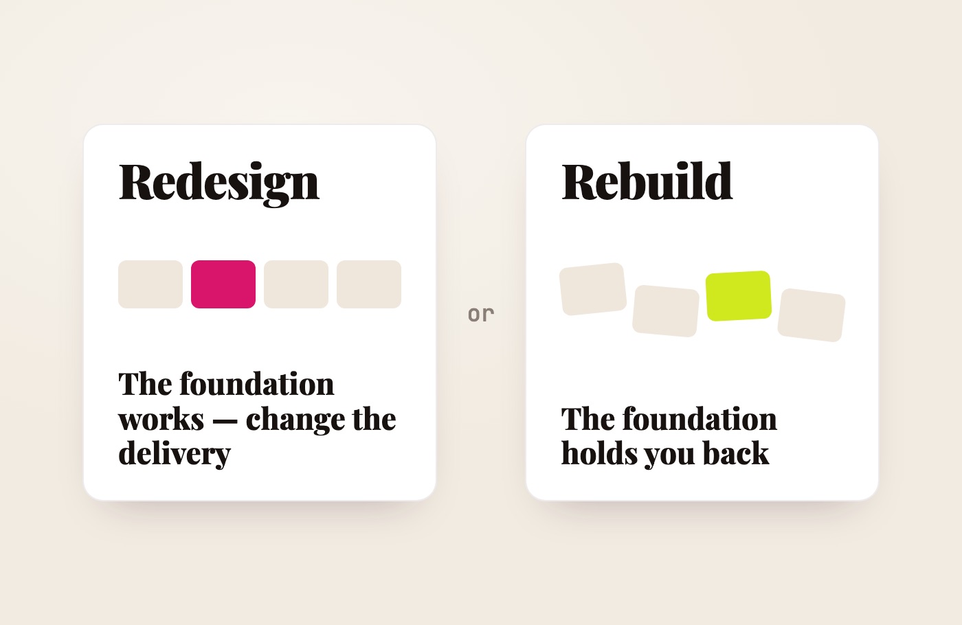 Diagram: redesign when the site’s foundation works, rebuild when the foundation holds you back