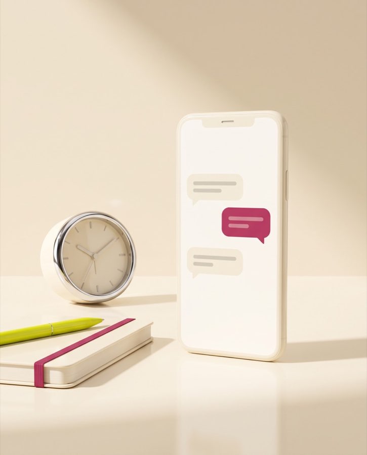 Un telefono con una conversazione in chat, una risposta in fucsia, accanto un piccolo orologio