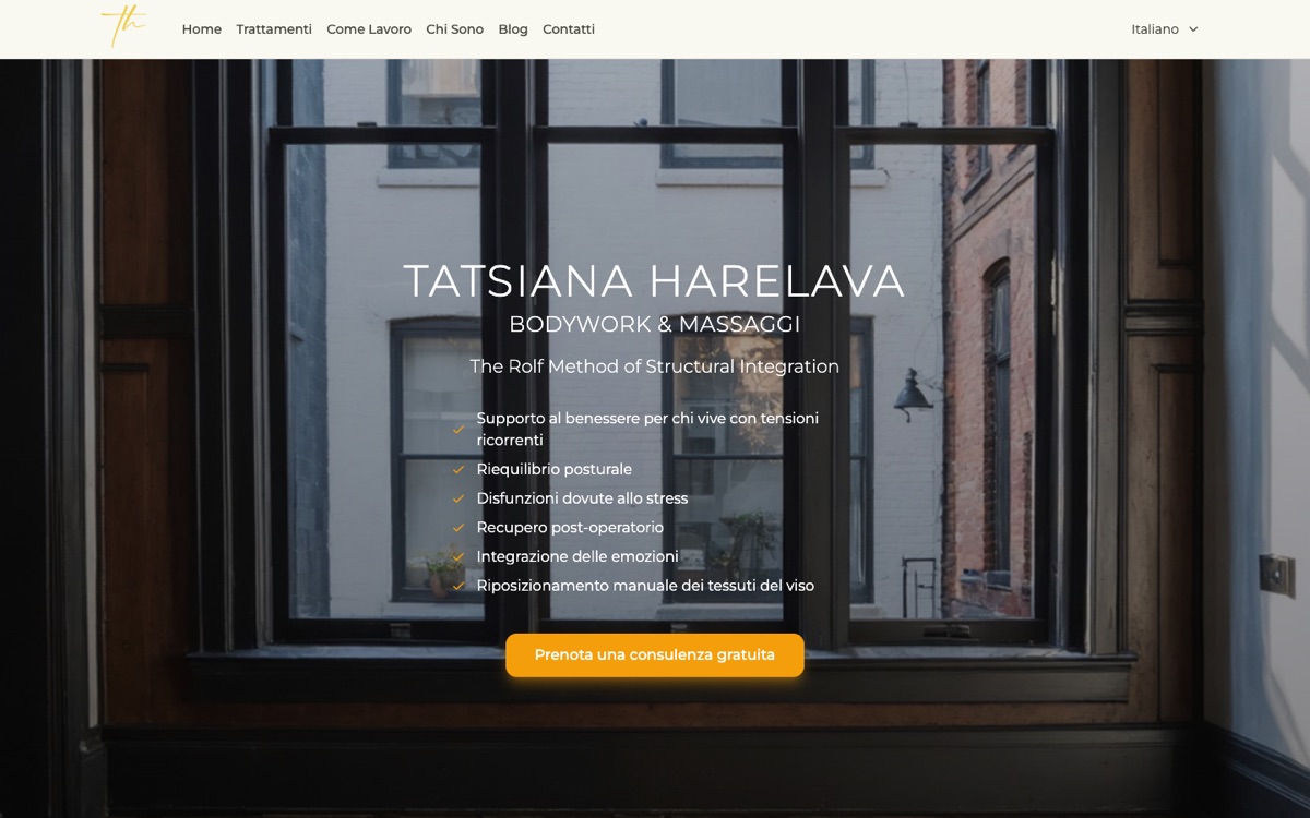 La home page di tatsianaharelava.com: la fotografia di una finestra, il nome della professionista e l'elenco di ciò in cui aiuta
